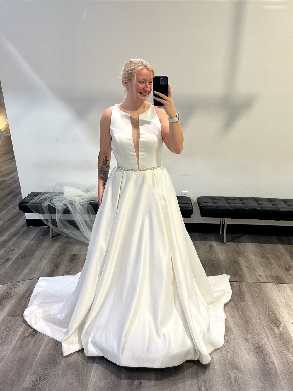 Elegant White Satin Wedding Gown with Plunging Illusion Neckline